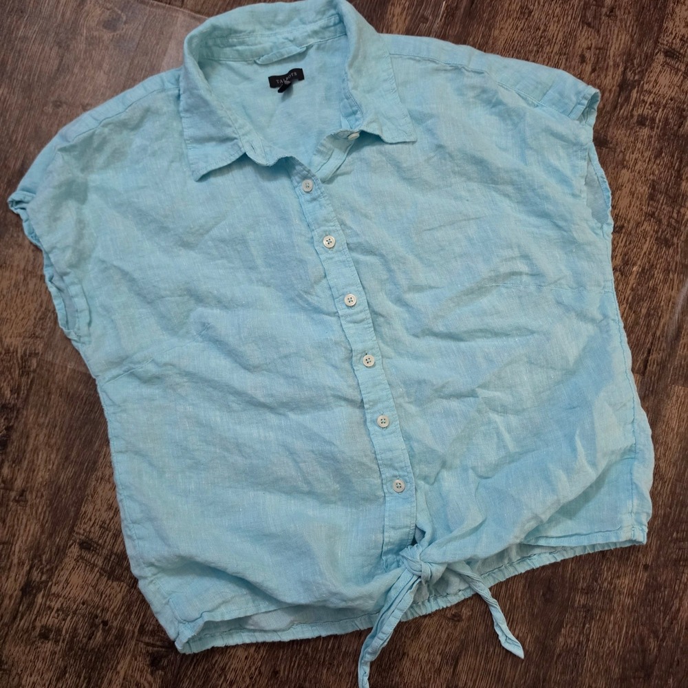 TALBOTS Tie Front Shirt Womens Medium Blue 100% Linen Short Sleeve Button Down